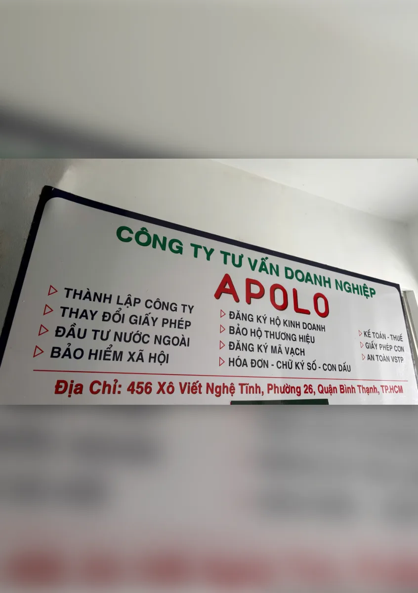 Bảng hiệu Công ty Tư vấn Doanh nghiệp Apolo tại văn phòng Kế Toán Apolo